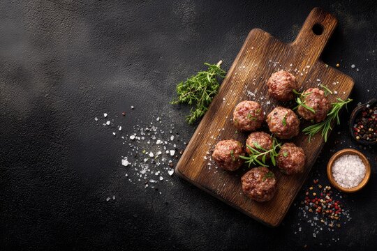 Rustic wooden board with raw meatballs and herbs on dark surface