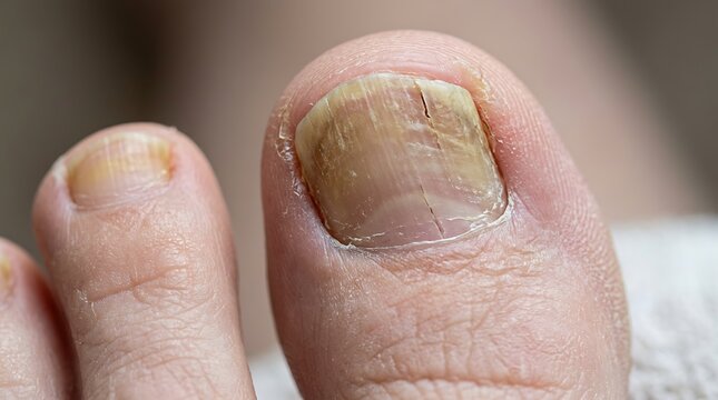 close up of a person's toe with a fungal infection on the toenail and cracked skin