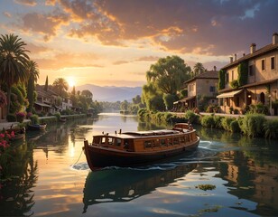 Obraz premium A serene canal scene at sunset with a boat