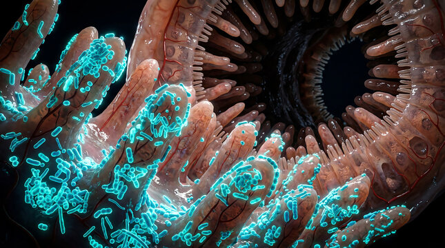 Microscopic view of intestinal villi with beneficial bacteria, illustrating gut health and the human microbiome in scientific detail