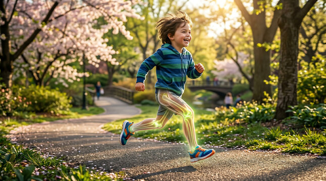 Bone & Joint Growth featuring a happy child running in a park with glowing leg bones, symbolizing healthy skeletal development, strength, and active childhood.
