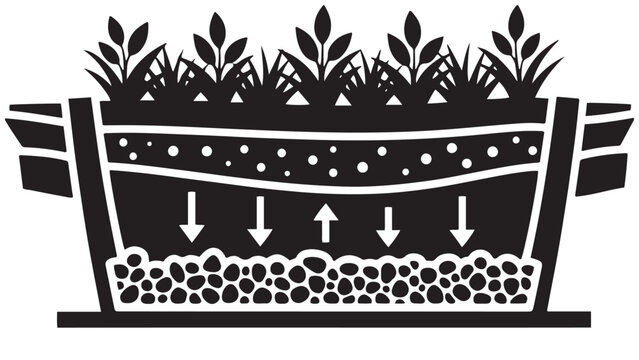Self-watering planter system diagram illustrating water flow and layered soil structure for efficient plant growth and irrigation technology.