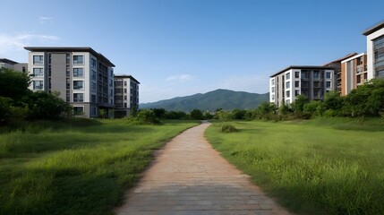Obraz premium A wide paved pathway cuts through lush green grounds leading toward modern residential complexes set against a backdrop of distant mountains under a