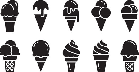 Fototapeta premium Ice Cream Cone Icon Set - Summer Dessert Vector Silhouettes