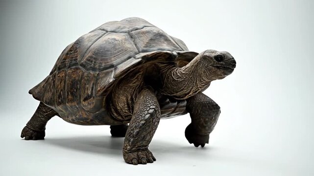 Full-body studio portrait of a majestic adult giant tortoise, showcasing its ancient, rugged shell and powerful limbs against a clean, minimalist background