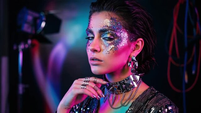 A model shows a unique look with bright makeup and sparkly clothes in a studio filled with lights
