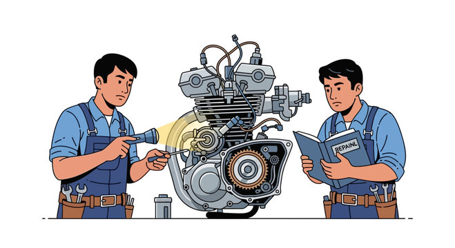 Mechanics working on motorcycle engine with tools and manual.