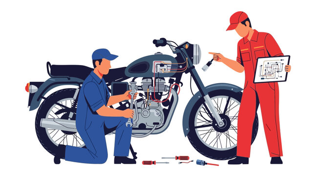 Motorcycle mechanics working on a vintage bike.