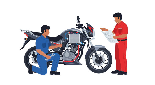 Two mechanics working on a motorcycle engine repair 3.