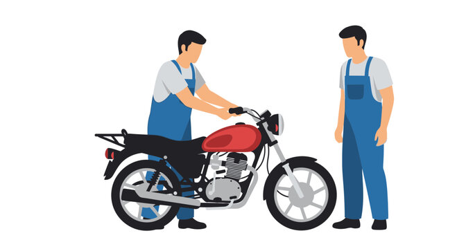 Two mechanics working on a red motorcycle together.