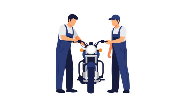 Two mechanics working together on a motorcycle.