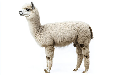 Fototapeta premium Full body side profile of a white alpaca standing isolated on a white background