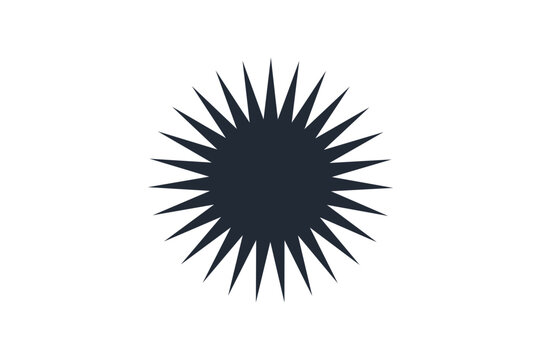 Sun abstract shape with sharp triangular points in a dark navy blue monochrome graphic. featuring star, icon, symbol with celestial and solar