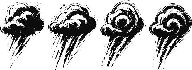 Obraz premium four black ink storm clouds with lightning bolts in different swirling shapes and brush stroke styles