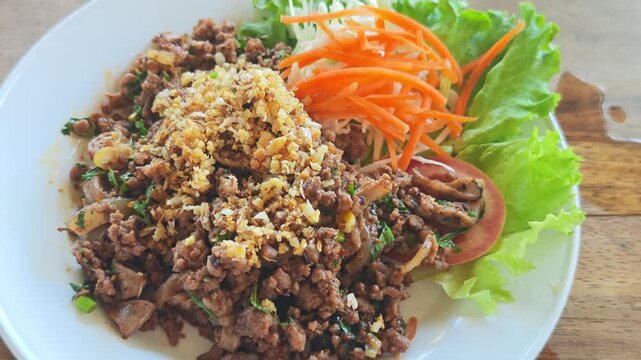 Pork larb on a plate, a traditional dish from northern Thailand.