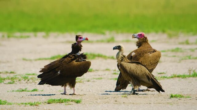 A Griffon Vulture, Gyps fulvus, Black Vulture or Cinereous Vulture (Aegypius monachus) fighting with a Red-headed Vulture (Sarcogyps calvus). 