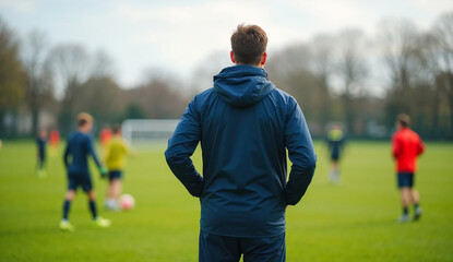 Fototapeta premium A soccer coach stands on the field, watching the players practice in the background.