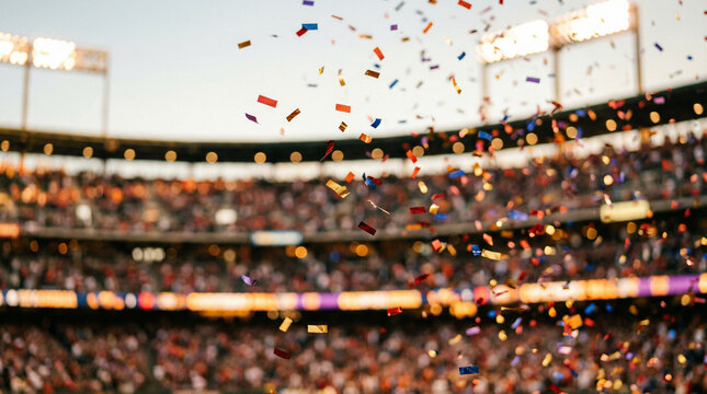Colorful confetti falling over a crowded stadium during a sporting event, with bright lights illuminating the scene. Concept of World Cup, global sports celebration, international football competition