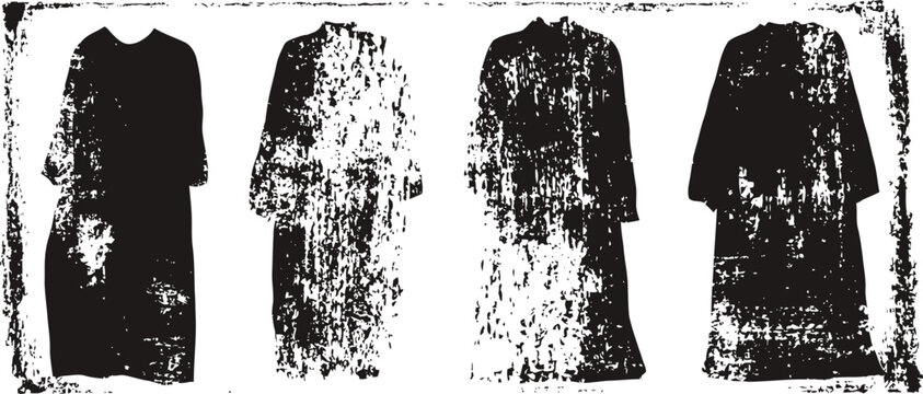 Ancient black robes worn by figures, displayed in weathered, textured silhouettes on white background