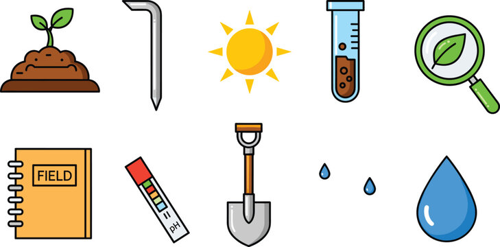 Agricultural and Environmental Icon Set Featuring Planting, Sun, Water, Shovel, and Field Tools in Vector Style