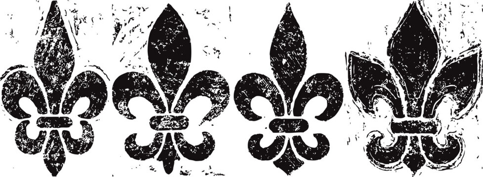 Set of four vintage fleur de lis symbols with distressed textured black silhouettes