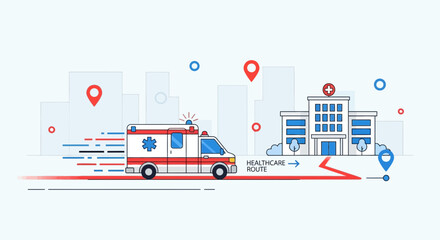 Obraz premium Ambulance racing to hospital on healthcare route, emergency medical transport city illustration