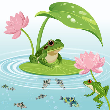 Illustration of a pond with animals and plants.Vector illustration of a pond with animals and plants on a colored background.