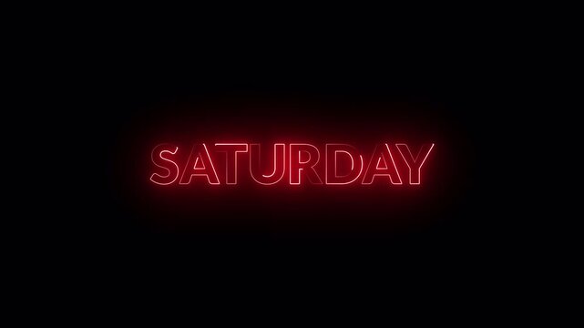 Glowing Saturday Neon Text Animation on Transparent Background, Red Neon Saturday Title Reveal, Day Name Motion Graphic in 4K Alpha Channel