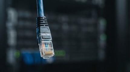 Blue Ethernet Cable Hanging Down In Front Of Dark Server Rack Lights © sxcd