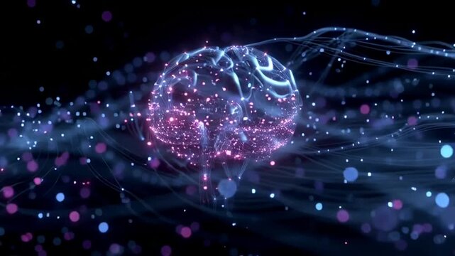 Abstract neural network forms a glowing brain with dynamic data flow, visualizing AI learning, cognition, and futuristic technology in a cinematic digital environment.