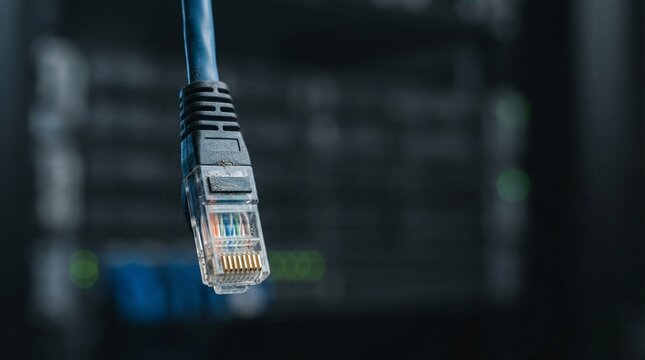 Blue Ethernet Cable Hanging Down In Front Of Dark Server Rack Lights