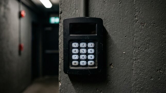 Black Electronic Keypad Mounted On Concrete Wall In A Dark Hallway