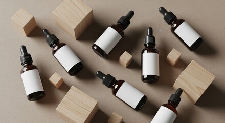 Obraz premium Amber glass dropper bottles with blank white labels arranged with wooden blocks on a textured background