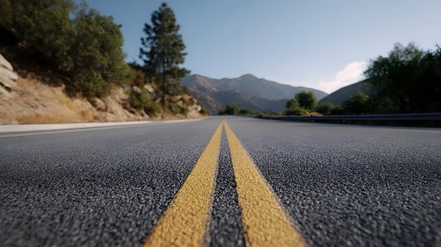 A straight two lane asphalt road marked with yellow lines extends through a vast mountainous natural landscape under a clear sky