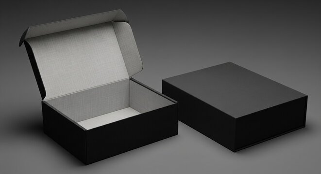 Open and closed black gift box mockup with textured interior studio isolated