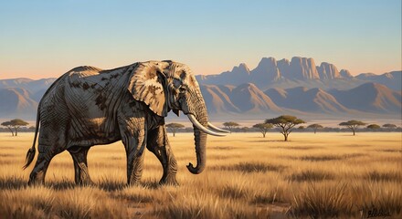 Fototapeta premium Majestic Elephant Roaming African Savannah at Sunset.