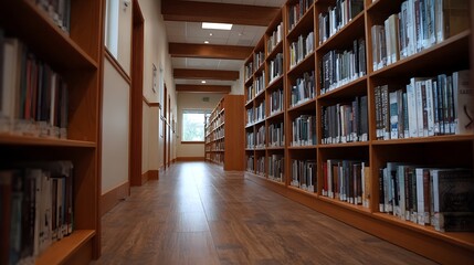 Obraz premium A deep perspective down a long aisle of towering wooden bookshelves filled with scholarly books in a quiet library