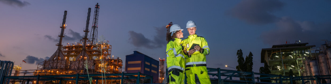 Two petroleum engineers discussing project and pointing direction with clipboard and radio communication at oil refinery site during sunset teamwork planning and industrial energy infrastructure.