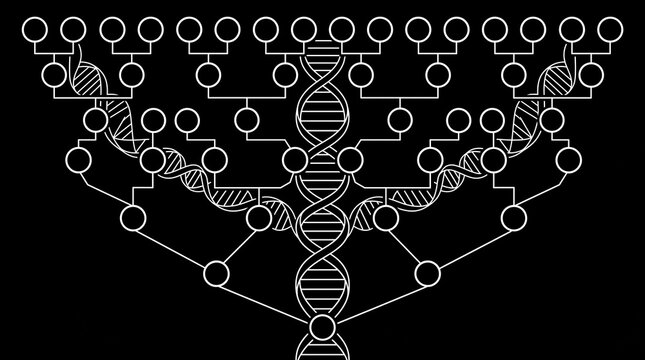 Abstract white line genogram pedigree chart on black background with DNA double helix representing genetic genealogy and lineage network