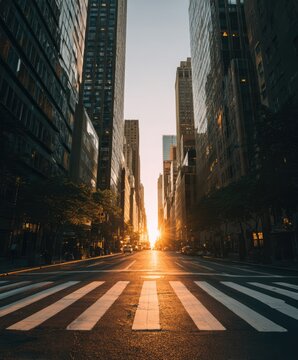 Golden Hour Sunburst Illuminates New York City Street with Pedestrian Crossing.