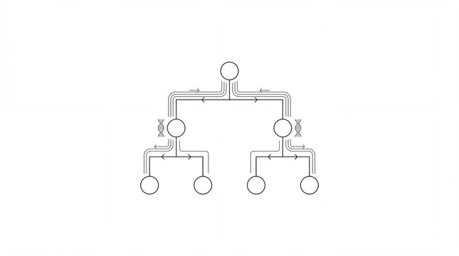 Minimalist black and white phylogenetic lineage tree infographic flowchart with blank circular nodes, directional arrows, and DNA double helix symbols for genetic mapping