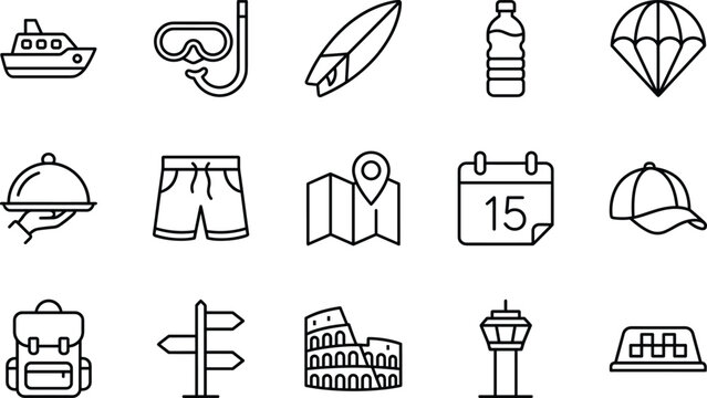 Set of summer travel line icons including yacht, snorkeling gear, surfboard, parachute, hotel service, map, backpack, landmarks, taxi and vacation equipment