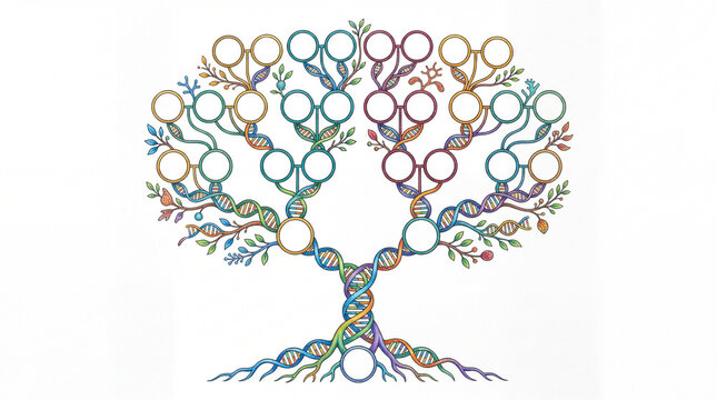 Genetic genealogy family tree infographic template with colorful DNA double helix branches and blank circular nodes
