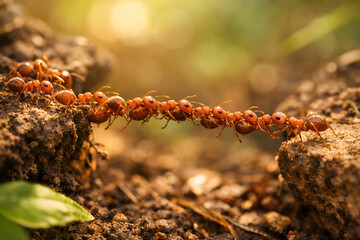 Fototapeta premium Real red ants form a living bridge connecting two pieces of soil.