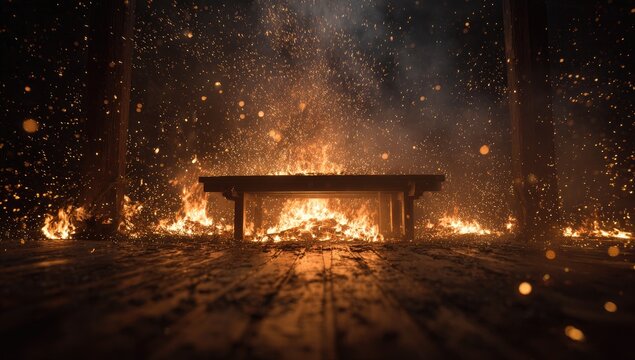 A Table Engulfed in Flames Amidst a Fiery Forest Scene.