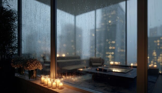 Cozy Living Room with Candles and Rain Outside.