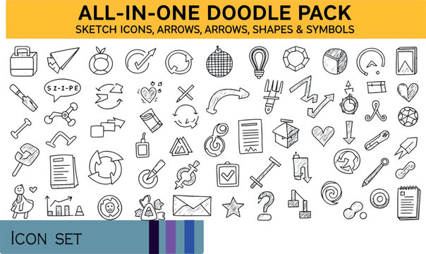 Print Comprehensive Hand-Drawn Doodle Icon Set with Arrows and Shapes