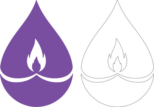 A purple and white flame logo on a teardrop shape