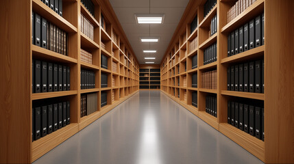 Obraz premium Archive room with tall wooden shelves filled with black ring binders. Organized storage space for business document and records. Professional paper management system in library.