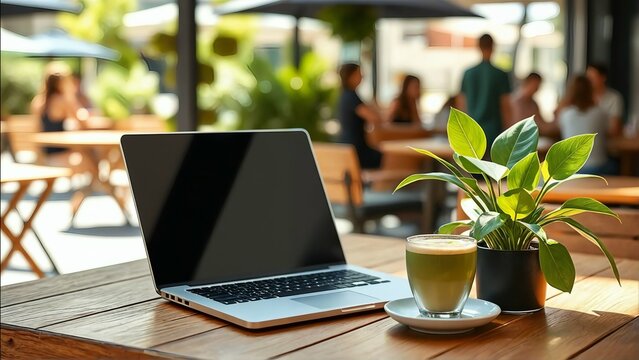 ​A laptop, a glass of matcha latte, and a potted plant on a wooden outdoor cafe table. A bright, sunny setting for remote work and digital nomad lifestyle